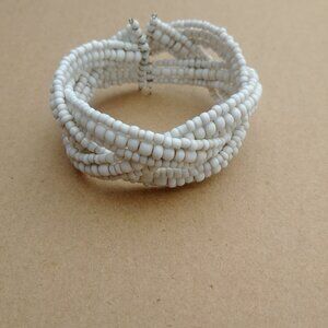4/$20 White braided woven beaded cuff bracelet shell look